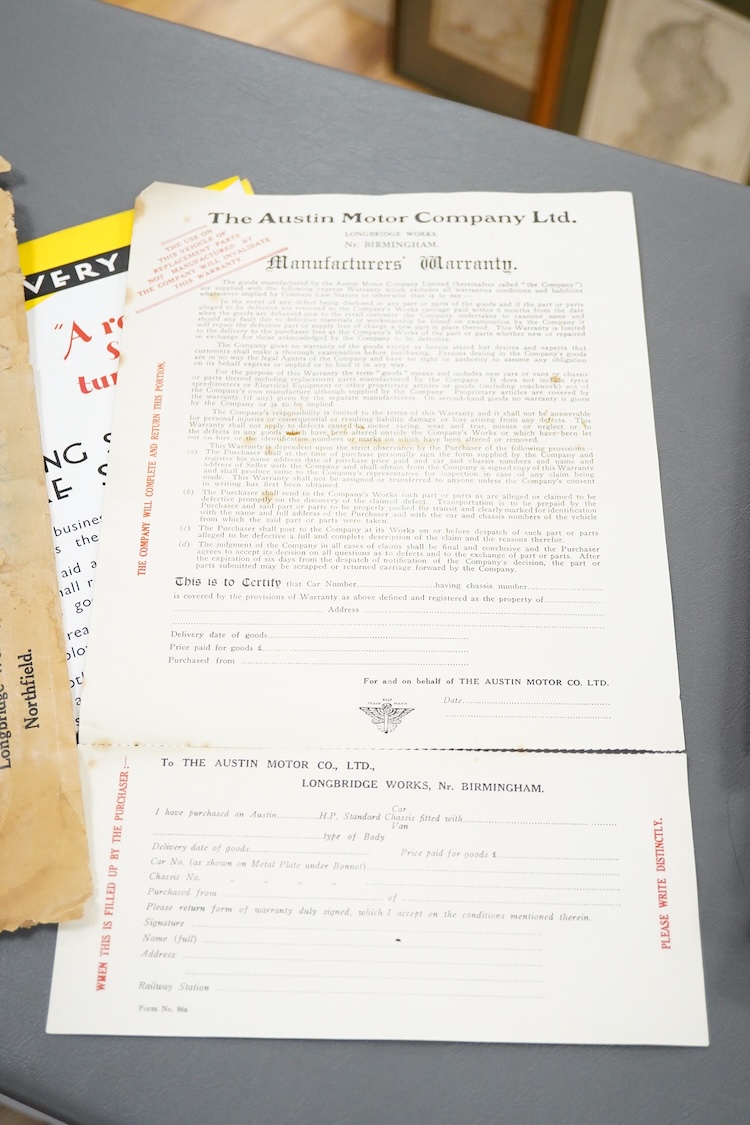 A small collection of 1930s Austin Motor Company Ltd. related documents, mainly referring to the Austin Twelve Four, the Twelve Six, etc. including; a poster advertising the Austin delivery vans, booklets listing spare p